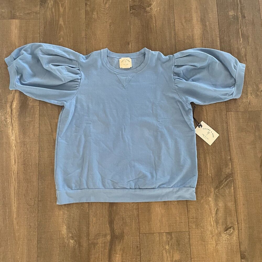 NWT Electric & Rose‎ Women's Puff Sleeve Sweatshirt Size L Blue Cottagecore Boho